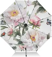 [FRODOTGV] Peach Peonies White Travel Umbrella Portable Inverted Travel Umbrella for Sun Sun 8 Ribs Large Collapsible UV Umbrella Automatic for Women Men