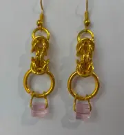 Handcrafted - golden rings Original Pink Cube chainmaille EARRINGS (Ch1)