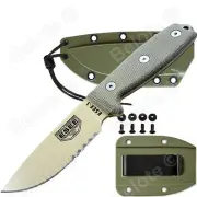 ESEE Model 3 Desert Tan Serrated Blade Rounded Pommel Foliage Grn. Sheath 3SM-DT