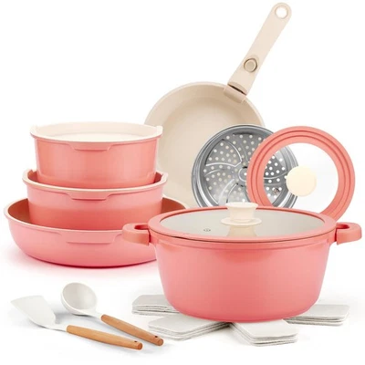 Ceramic Pots and Pans Set Non Stick Pink, 19 Pcs Nonstick Cookware Set with D...
