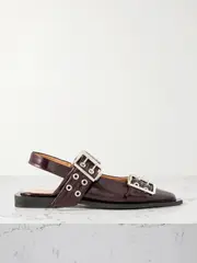 [GANNI] GANNI - Embellished Glossed Recycled Point-toe Slingback Flats - Burgundy - IT40 IT 40 Burgundy