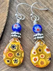 Etched Silver, Blue and Yellow Millefiori Teardrop Beads. Flowers. Bloom