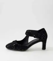 New Django & Juliette Tunis Black Sparkle Suede Mary Jane Heels Womens Shoes