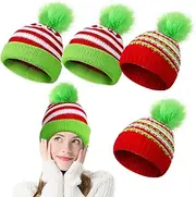 Cuffbow 4 Pcs Christmas Knitted Santa Hats Lime Green Beanie Hat Fuzzy Pom Santa Furry Monster Costume Hat for Adults Xmas Holiday Halloween Party, Christmas Colors, as Shown in the Picture, One Size