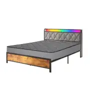 Advwin Double Size Bed Frame and Double Mattress 25cm Grey with Storage Headboard & Charging Station & LED Light