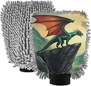 XYMZR Absorbent Microfiber Car Wash Mitt Dragon Landscape Green, Funny Cute Anime Scratch Free for Cars Cleaning, Home Cleaning Mitts, 2 Pack, 10.24” L x 7.09” W