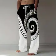 Men's Piano Musical Notes Swirl Trousers Baggy Pants Casual Pants Mid Waist Vintage Retro Outdoor Vacation Elastic Drawstring Waist Linen-Like Pants with Pocke
