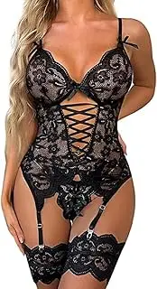 [Generic] Women Sexy Lingerie Set with Garter Belt Lace Bodysuit with Panty