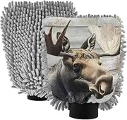 XYMZR Moose Portrait Board Absorbent Microfiber Car Wash Mitt, Funny Cute Anime Scratch Free for Cars Cleaning, Home Cleaning Mitts, 2 Pack, 10.24” L x 7.09” W