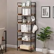 HOMFURN 6 Tier Industrial Bookshelf with 4 Hooks, Vintage Wood Bookcase, Big Storage Rack with Open Shelves, Free Standing Bookshelves Metal Frame Display Rack for Living Room,Bedroom, Brown