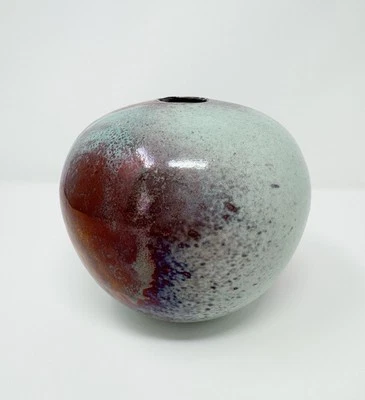 Mark Hines Contemporary Turquoise Purple Iridescent Round Orb Pottery Bud Vase
