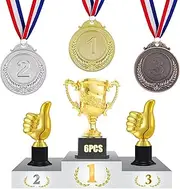 YELINTIAN 3PCS Mini Trophies and 3PCS Gold Silver Bronze Medals with Neck Ribbon, Gold Trophy Plastic with Base Trophy Cups Winner Medals for Party Favor Decorations and Sports Awards
