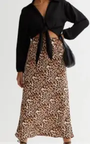 Brown Leopard Print Crepe Midi Skirt