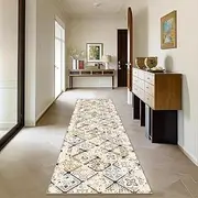 UZU 80x240cm Non-Slip Washable Runner Rug for Hallway Bedroom Vintage Geometry Faux Cashmere Carpet Kitchen Rugs Indoor Long Durable Soft Floor Mat Low Pile Runners with Anti-Slip Backing Home Decor