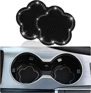 GaRhomxy Car Cup Coaster, 2pcs Universal Bling Cup Holder Coaster, Flower Shaped PVC Non-Slip Car Cup Holder Coaster, Crystal Car Accessories Interior (Black)