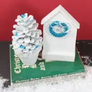 White Glittered Pine Cone Bead Tree Wood House Blue Beaded Wreath Silver Ribbon