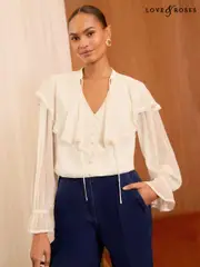 Love & Roses Ivory Capelet Notch Neck Long Sleeve Blouse (AD6944) | $52