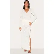 Ecru Sheer Bobble Crochet Side Split Maxi Skirt, Ecru
