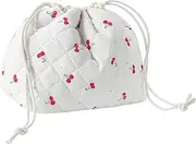Cotton Quilted Drawstring Makeup Bag with Canvas Lining,Coquette Aesthetic Cute Travel Toiletry Bag,Drawstring Gift Bag for Women and Girls, 01Cherry