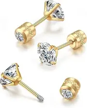 [Generic] Flat Screw Back Stud Earrings,Safety Screw on Flatback CZ Earrings for Cartilage Helix Piercing for Women Men Hypoallergenic, 5mm CZ, Stainless Steel, Cubic Zirconia