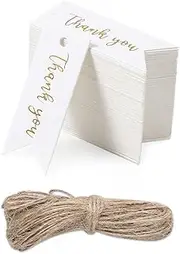 Savita 100pcs Mini Thank You Gift Tags with String, Exquisite Paper Gift Tags with Holes Hang Tags with String Attached for Craftwork Wedding Birthday Thanksgiving Anniversary (2''*0.75'')