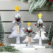 Barydat 3 Pcs Wooden Christmas Trees Tabletop Decoration 3 Sizes Rustic Farmhouse Wood Table Christmas Tree Christmas Centerpieces with Buffalo Plaid Bow for Home Tiered Tray Xmas Holiday Party Decors