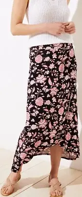 Ann Taylor LOFT Hi-Low Hem Floral Pull On Wrap Skirt Size Large Petite Black Col
