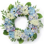 Collapsible Spring Hydrangeas Wreaths for Front Door with Lights, Blue White Art