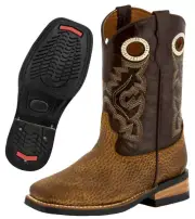 Kids Unisex Genuine Leather Cowboy Boots Pull On Rustic Brown Square Toe Botas