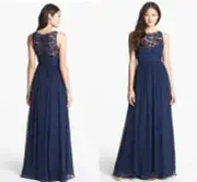 AIDAN MATTOX Navy Blue Twilight Embellished Lace Silk Chiffon Gown NWT Sz 2 $395