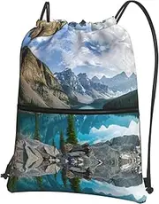 EdWal Rocky Mountains Print Drawstring Backpack Gym Bags Sports Bags With Zipper Pocket For Travel Swimming Beach, Black, One Size