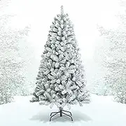 Costway 1.8m Snow Flocked Artificial Christmas Tree W/ 600 Tips, Foldable Metal Stand, Unlit Hinged Xmas Tree, Easy Assembly, Lush Xmas Tree, Holiday Festival Decor for Office, Home, Store, Party