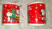 2 CUTE Peanuts Christmas Santa Snoopy Charlie Brown Woodstock Coffee Mugs Cups *