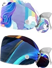 [YTYVAGT] 2-Pc,Nurse Scrub Caps,Scrub Hats with Buttons and Cotton Sweatband,Cartoon Theme Rainbow Unicorn