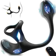 Vibrating Cock Ring Anal Plug with Prostate Massager, 3 in1 Taint Stimulator Penis Ring Vibrator Couples Adult Sex Toys for Men, Remote Control Anal Butt Plug Vibrator for Male Sex Toy Couple