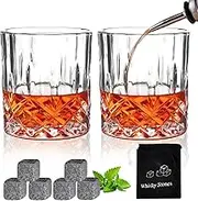 Whiskey Glasses Set of 2 Old Fashioned Glass Rocks Glasses 10oz Clear Bourbon Whisky Glasses Lowball Glassware Drinking Tumblers Cups for Cognac Cocktail Bourbon Rum Brandy Bar Men Gift