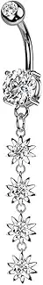 [beyoutifulthings] Belly Button Piercing Silver Gold Flower Pendant Cubic Zirconia Clear Navel Piercing Surgical Steel Banana Bell Bar Length 10 mm