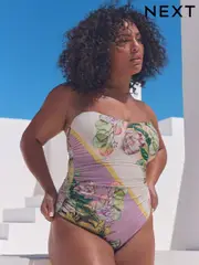 Lilac/Cream Floral Print DD+ Bandeau Tummy Control Swimsuit (AT3403) | $113