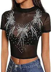 [MAYFASEY] Women's Sheer Mesh Tops Stretchy Long Sleeve Transparent Shirt Blouse Clubwear