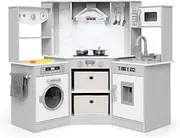 INFANS Corner Kids Kitchen Playset, Toddler Wooden Pretend Cooking Set with Real Running Water Circulation Realistic Light Sound Stove Storage Cabinet Removable Sink Simulation Play Kitchen Toy