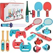 XICEN 18 in 1 Switch Sport Games Accessories Bundle for Nintendo Switch Games, Family Bundle Accessory Kit with Tennis Racket Controller Grips Racing Wheel Bandage Golf Club Wheels Drum Stick Fishing Rod