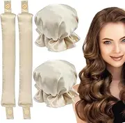 Heatless Hair Curlers,No Heat Hair Curling Rod with Soft Satin Hair Curling Caps for Long & Medium Hair Sleep In Hair Curling Kits of 2 Pieces for Women Girls (cream-coloured)