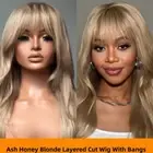 13x4 Lace Front Ash Honey Blonde Layered Cut Straight Human Hair Wig With Bang
