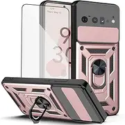 [Asuwish] Phone Case for Google Pixel 6 Pro with Slide Camera Cover and Tempered Glass Screen Protector Hard Stand Ring Holder Hybrid Cell Accessories Pixel6Pro Pixel6 XL 6XL Pixle 6Pro 5G Men Rosegold