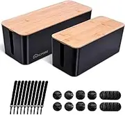 [Set of 2] Large Wood Cover Cable Management Box Set with Cable Sleeve Wire Ties Included to Organize Desk Cord Cables, Hide TV Computer Wires, USB Hub Power Strips to Make Home Office Neat (Black)