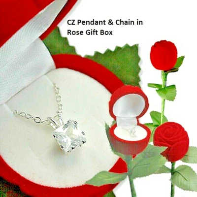CZ white gold pendant square w chain stemmed rose box necklace emerald shape New