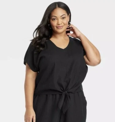 NWT Women's Ava & Viv XXL Black Linen Blend Short Sleeve Front Tie Cropped Top