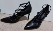 Windsor Smith Malice Black Leather Studded Strappy Stiletto Shoes 8.5 NEW $180