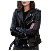 Women's Short Leather Jacket PU Motorcycle Clothing Slim Slim Leather Jacket black 3XL