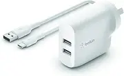 Belkin WCE001au1MWH Dual USB Charger 24W + USB-C Cable (Dual USB Wall Charger for Galaxy S20, S20+, S20 Ultra, S10, S10+, S10e, Note10, Pixel 4, iPad Pro, More), White